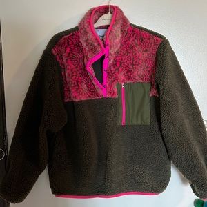 Sundae School - Dark Olive green / hot pink cheetah leopard fleece size Medium